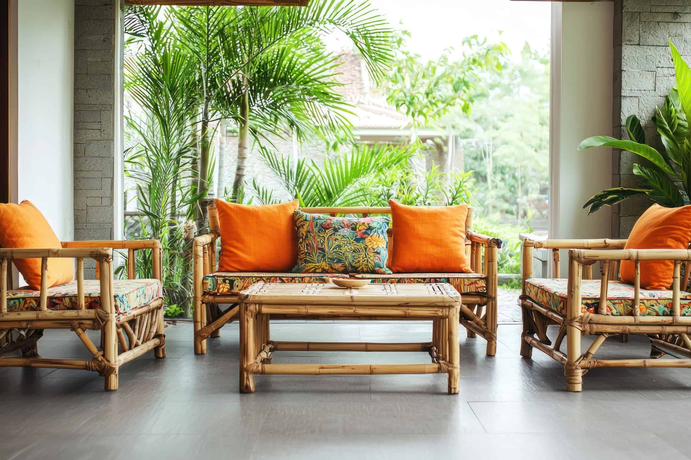 Bright living room with tropical bamboo furniture and lush greenery views.