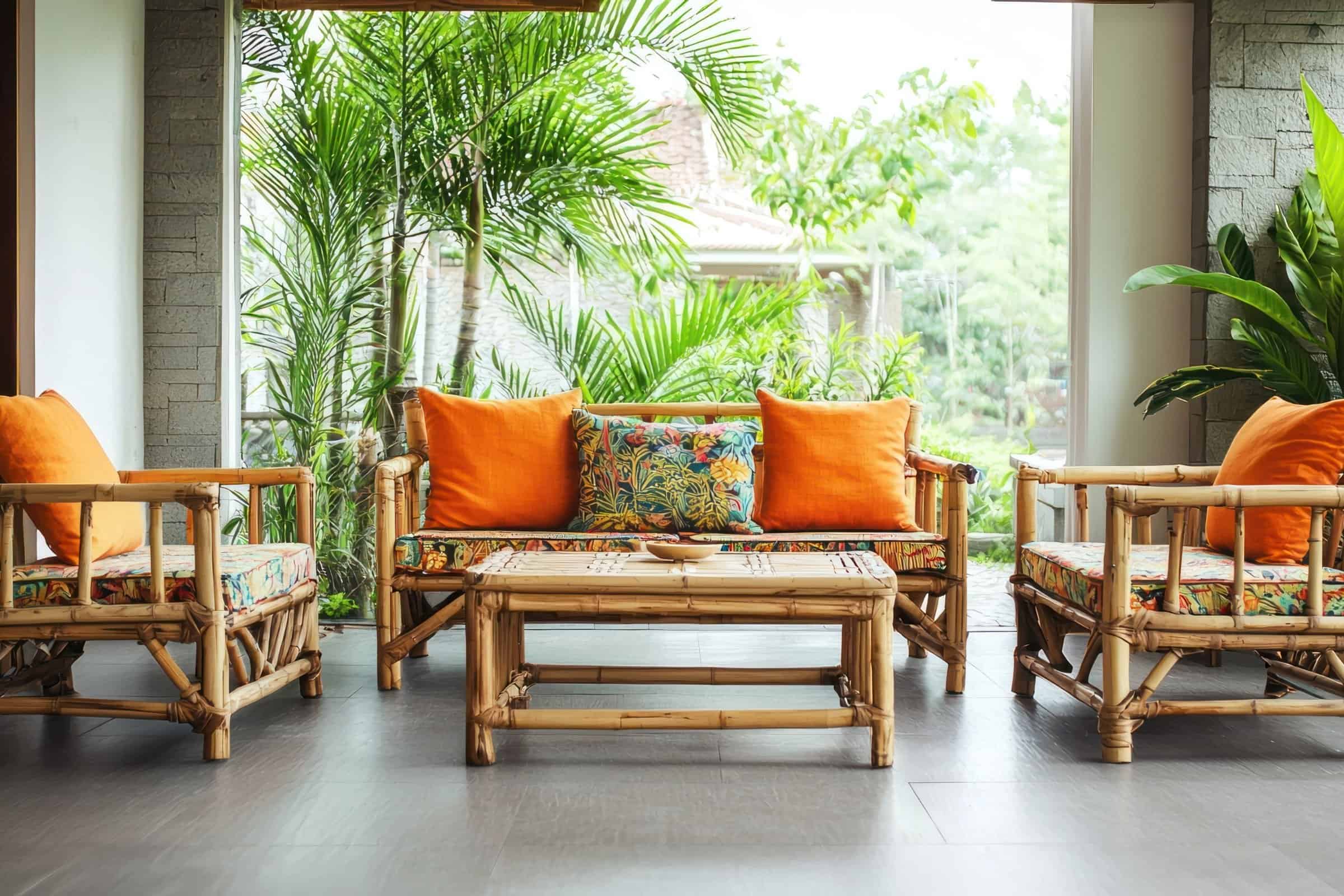 Bright, airy living space with bamboo furniture and lush greenery, perfect for relaxing on the Kona.