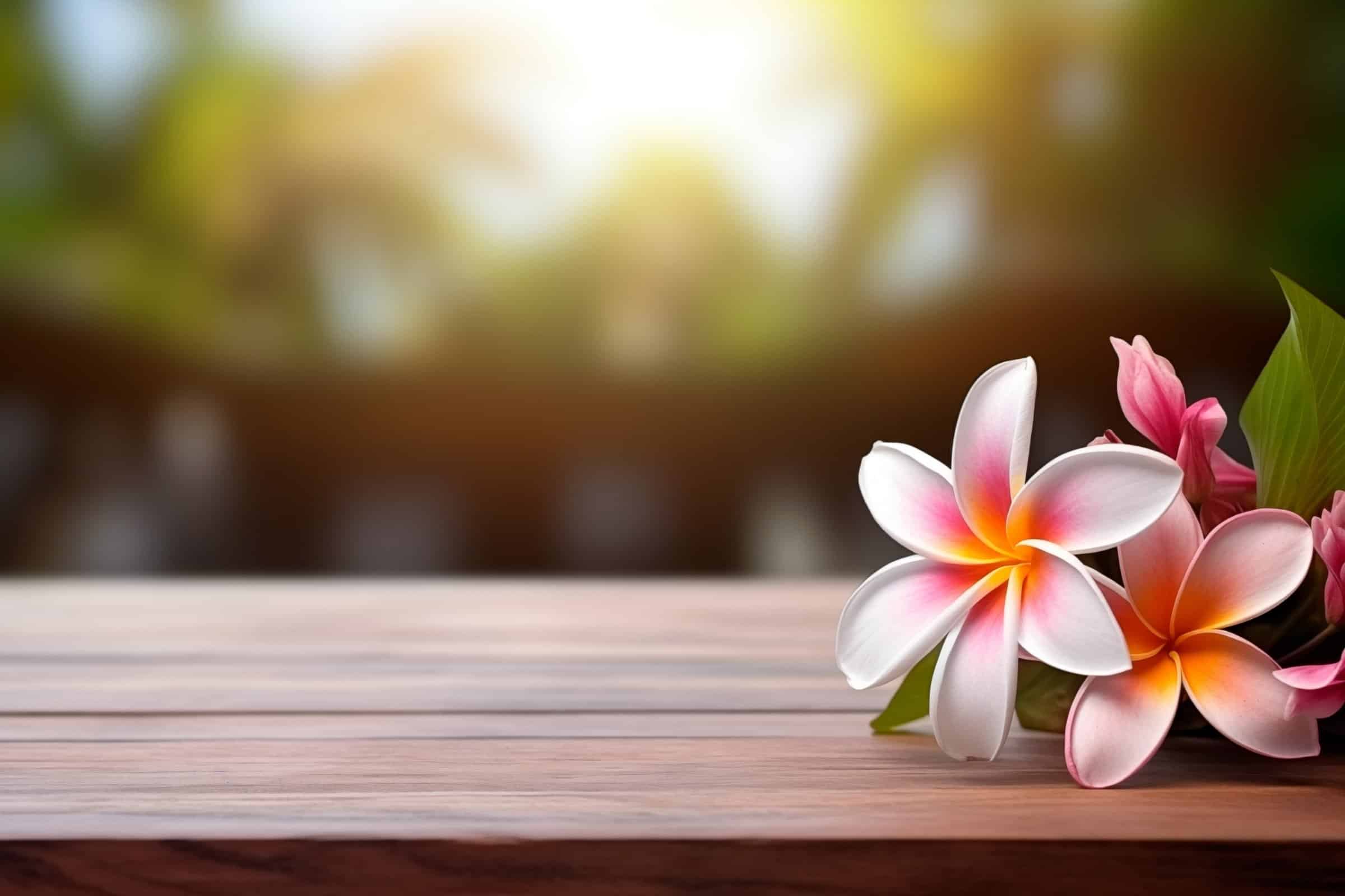 Beautiful tropical flowers on a wooden surface with a blurred Hawaiian garden background.