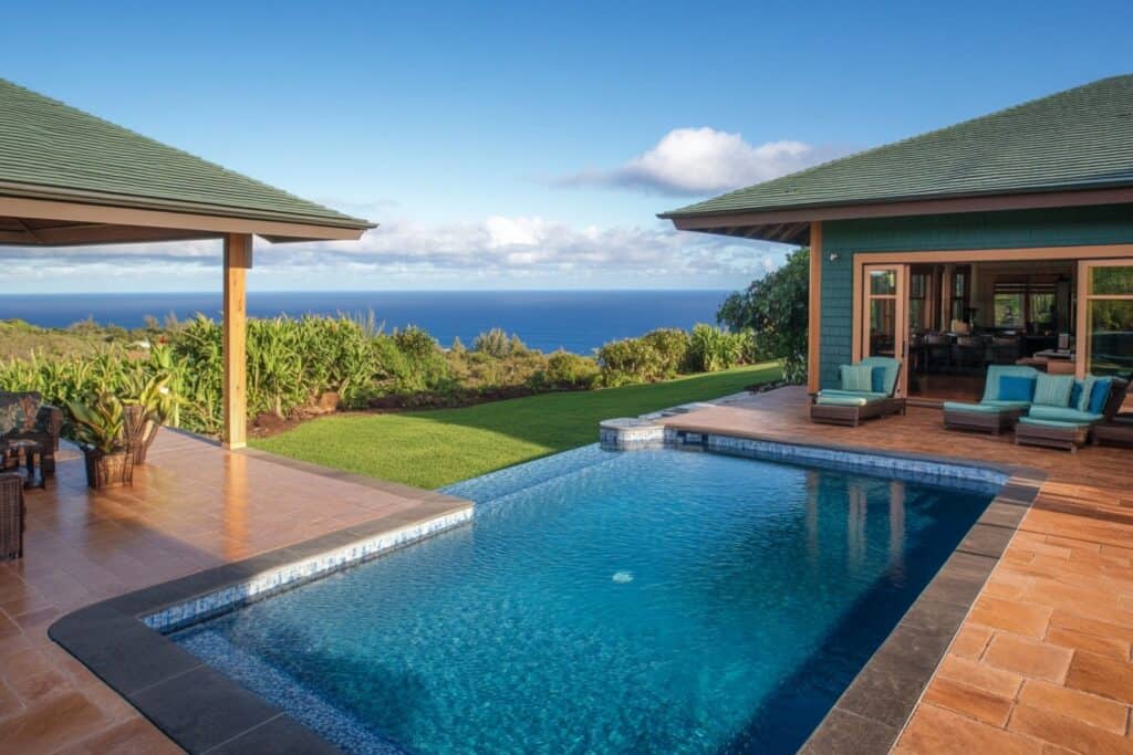 Stunning Kona and Kohala Coast property with ocean vistas and tropical landscaping.