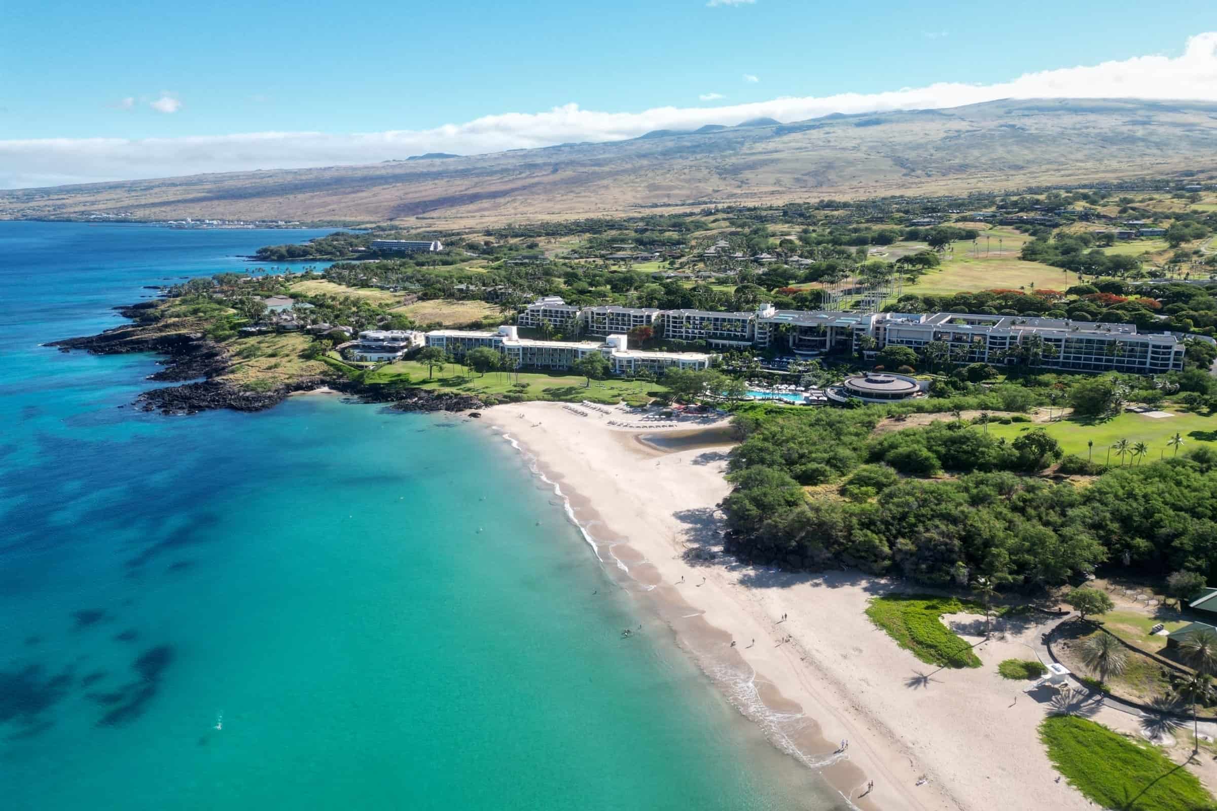 Aerial of Hapuna Beach and the resort shoreline on the Kohala Coast.