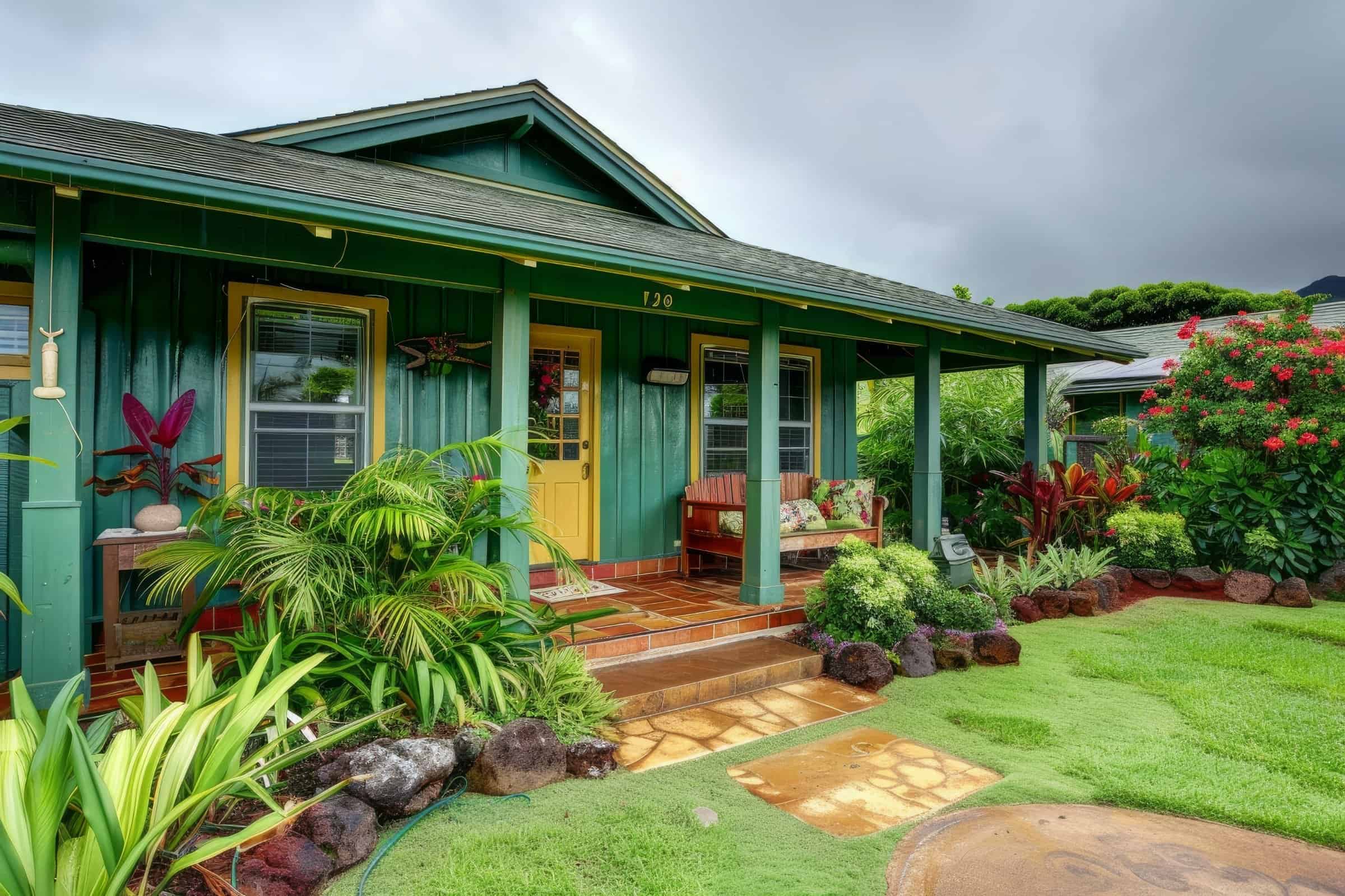 Beautiful Kona residence with tropical landscaping, outdoor living space, and ocean views on Hawaii'.