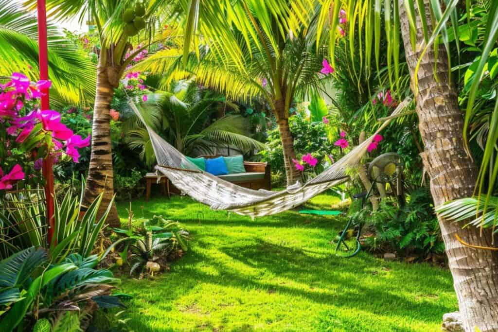 Hawaiian garden with hammock, lush palms, and vibrant flowers in Kona and Kohala Coast.