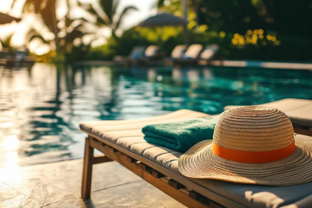 Poolside lounge chair with straw hat and towels overlooking a tropical pool in Kona.