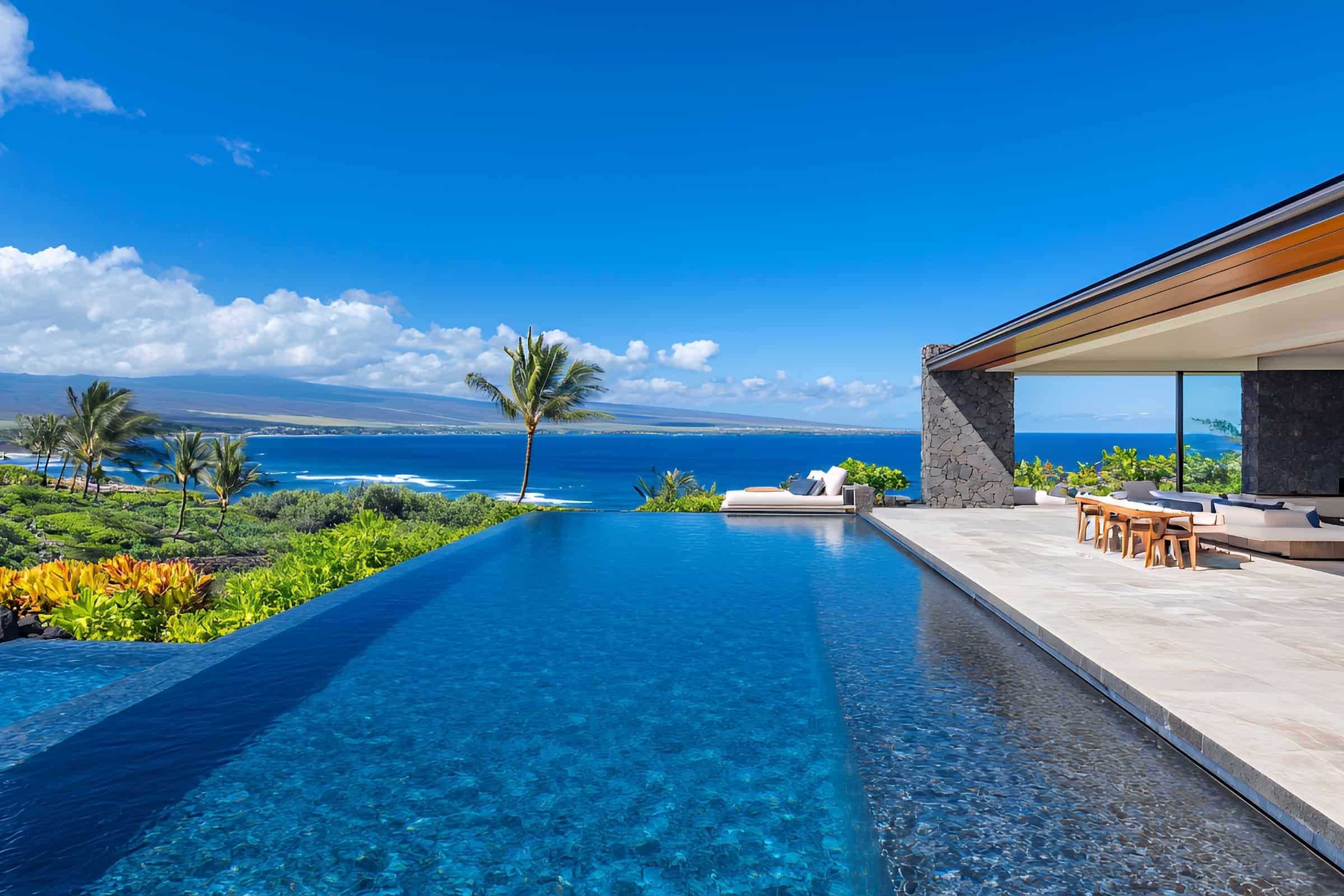 Infinity pool overlooking the ocean in a luxury Big Island Hawaii estate near Kona and Kohala Coast.