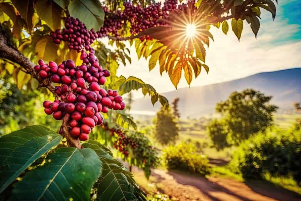 Coffee farm in Kona, Big Island Hawaii with lush greenery and mountain views.