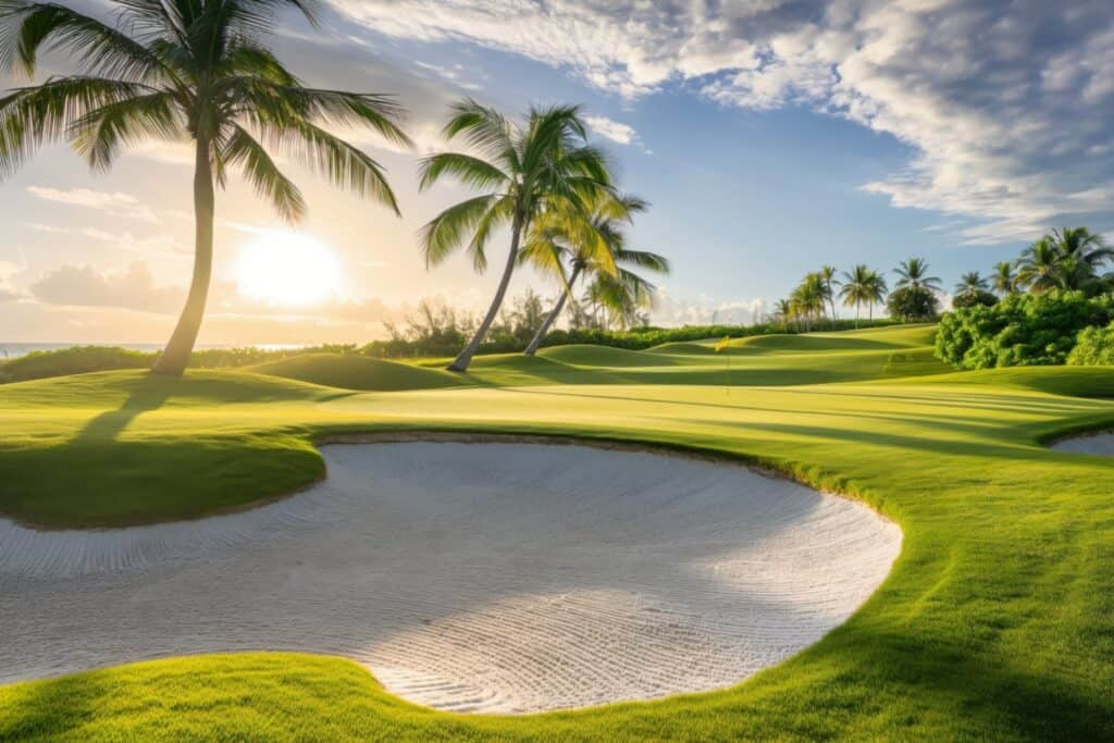 Golf course with palm trees at sunset on the Big Island, Hawaii, Kona, Kohala Coast.
