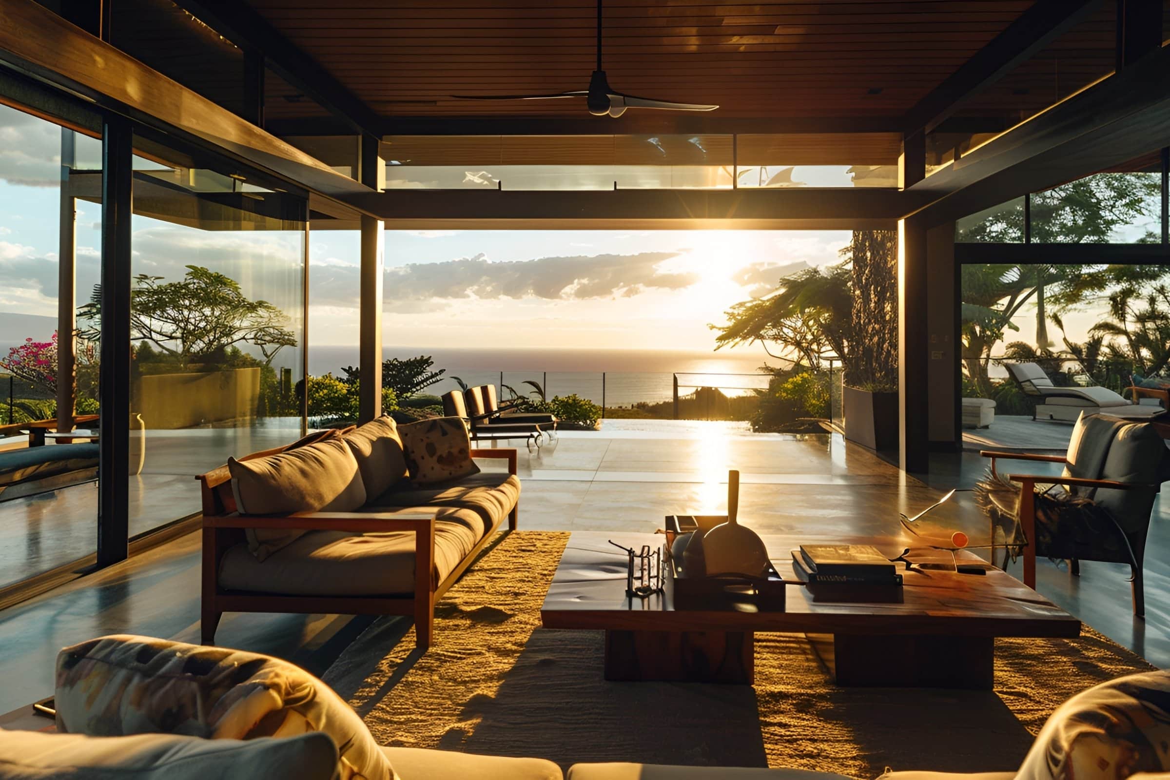 Modern oceanfront home in Kona with stunning sunset views and tropical outdoor living space.
