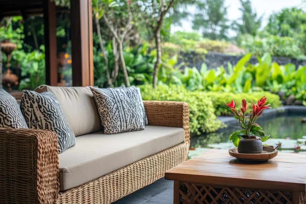 Outdoor lounge area with tropical plants and garden backdrop on Hawaii's Big Island.