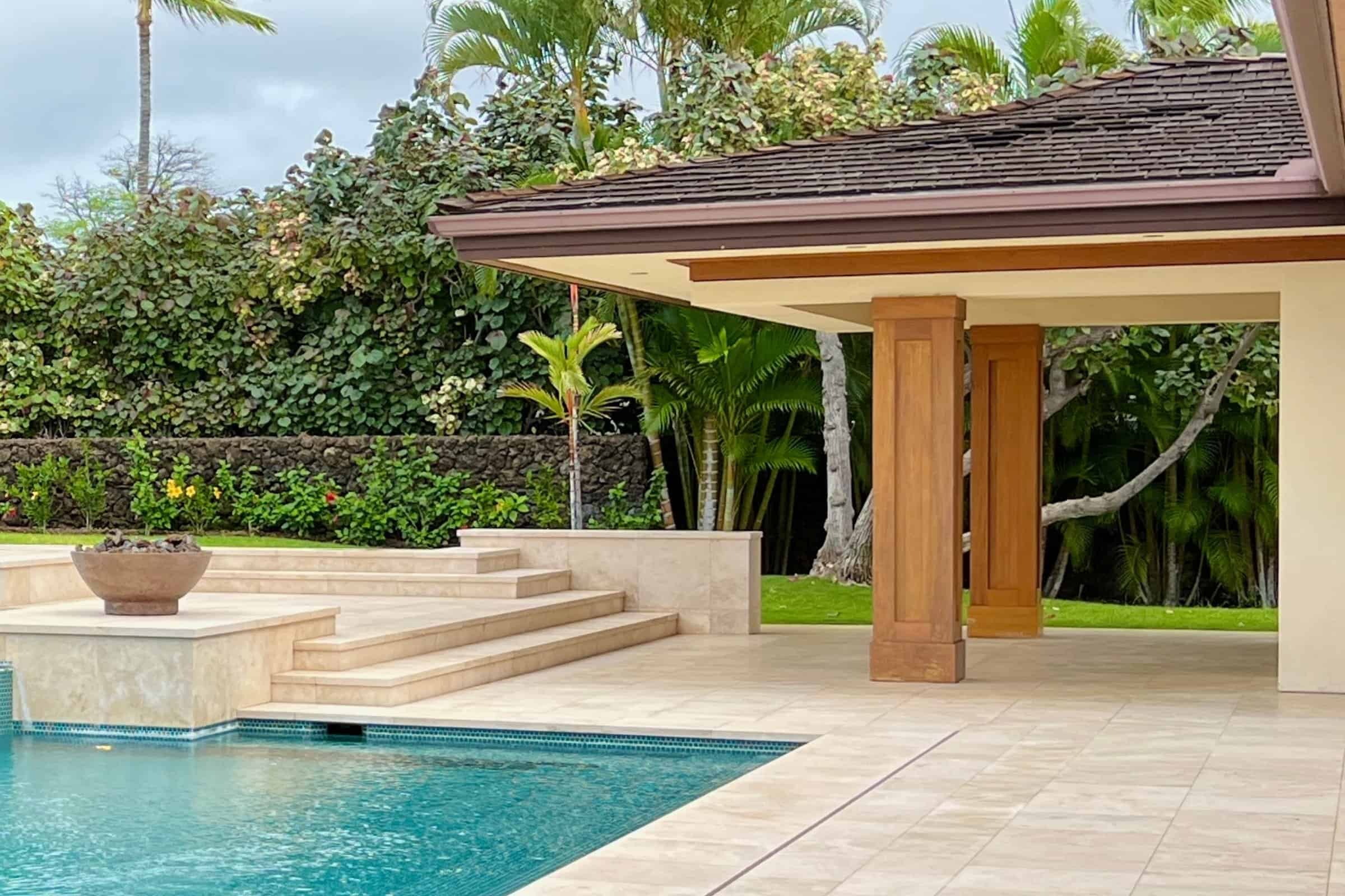 Covered entry pavilion and landscaped steps at a private residence in Hualalai Resort.