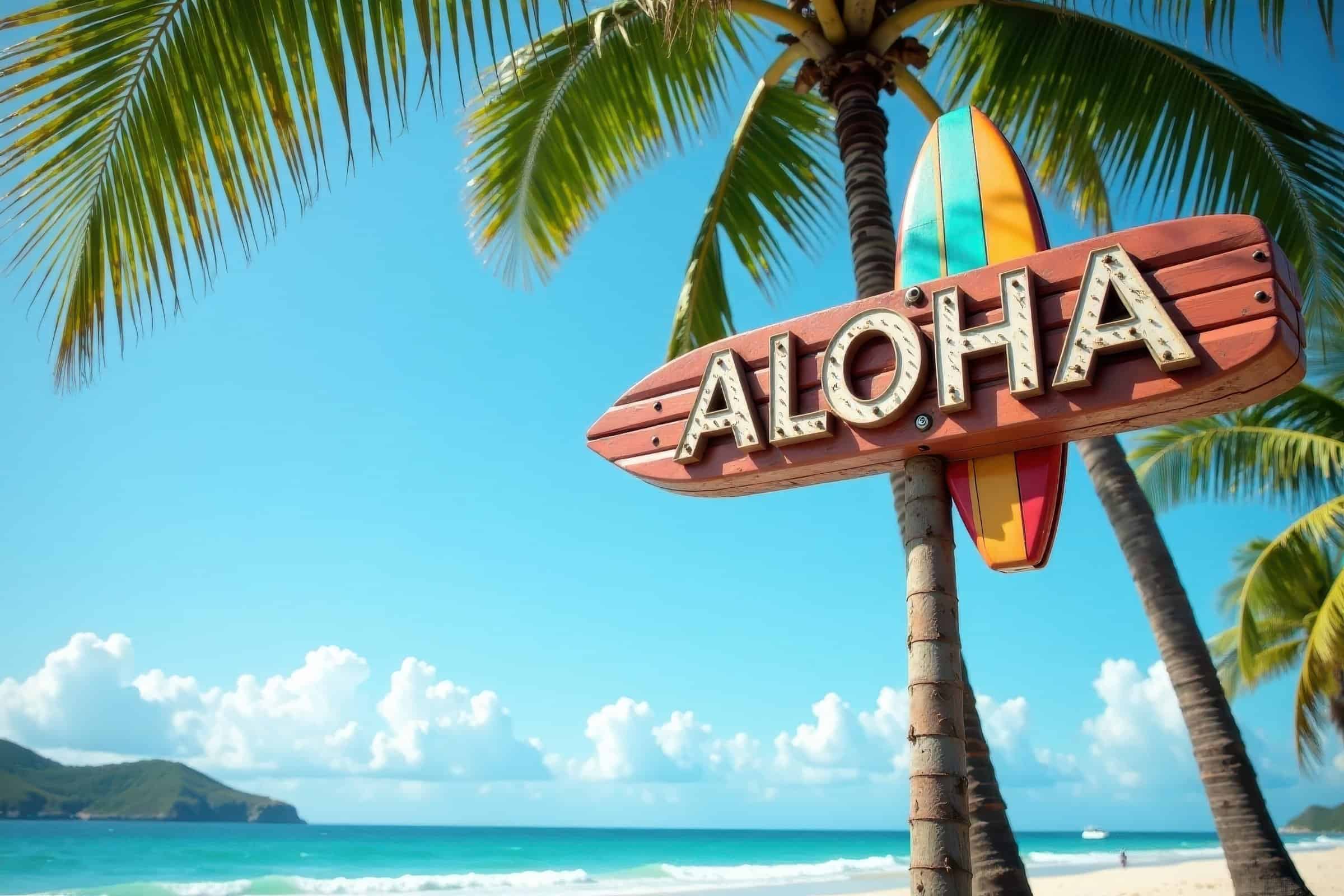 Aloha sign on palm tree, Kona and Kohala Coast beachfront property, island lifestyle, oceanfront hom.
