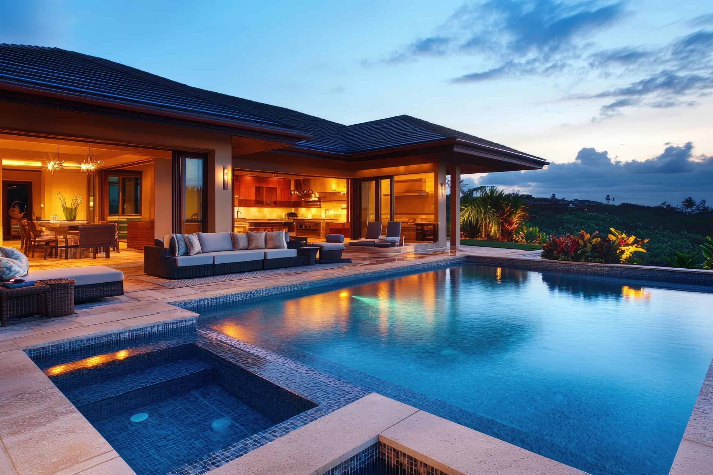 Modern Kona estate with outdoor living, tropical landscape, and sunset vistas.