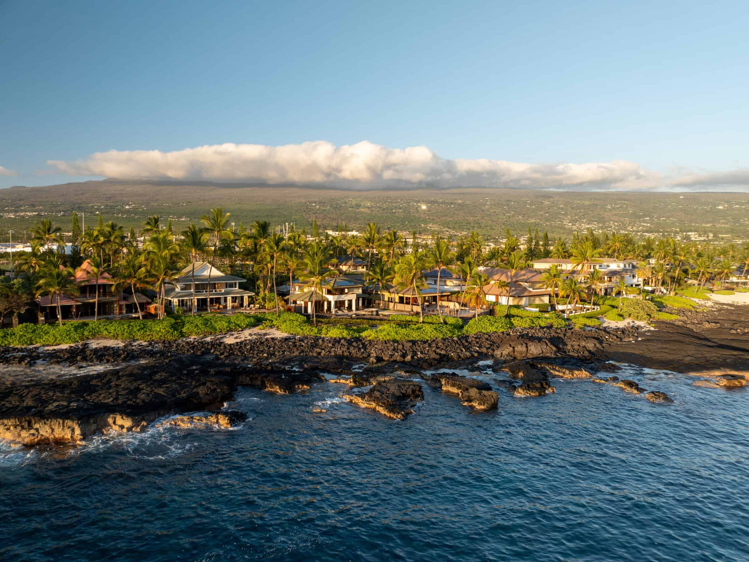 Aerial of oceanfront homes and palms along the lava shoreline at Kona Bay Estates.
