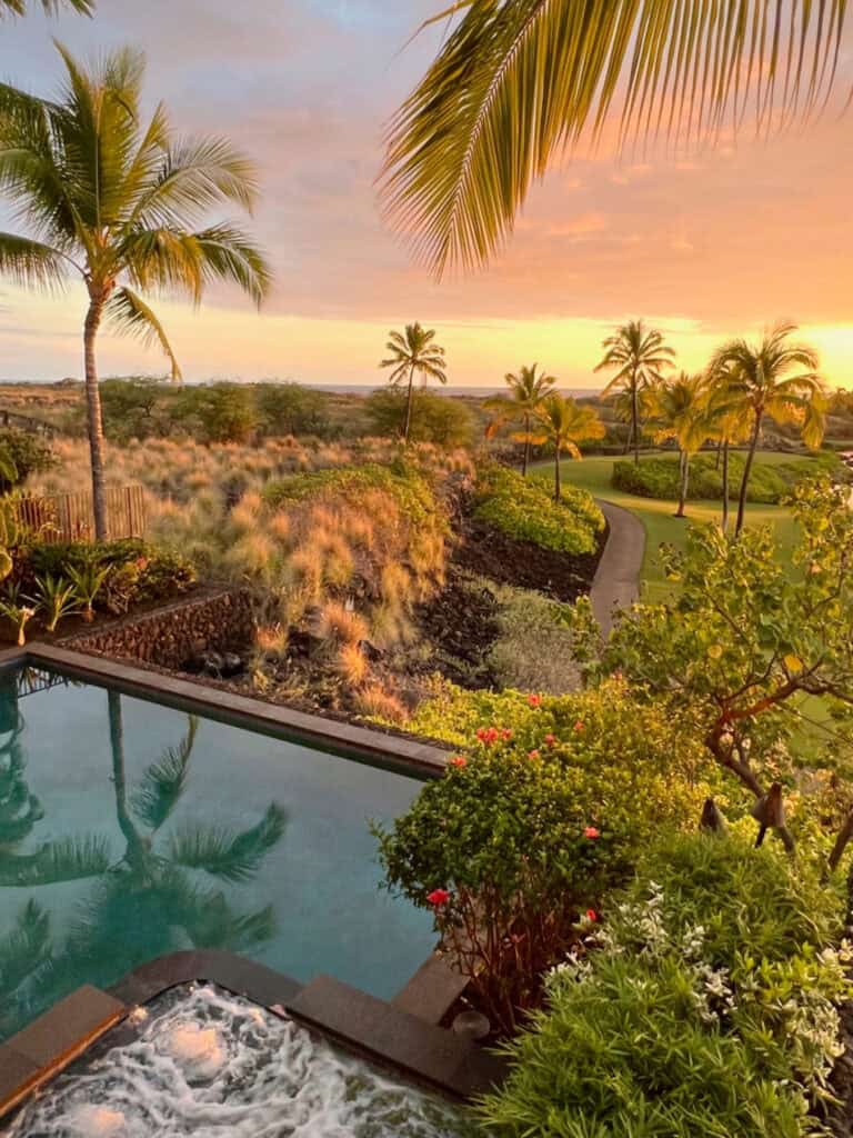 Big Island Hawaii oceanfront property with lush gardens and sunset views in North Kona.