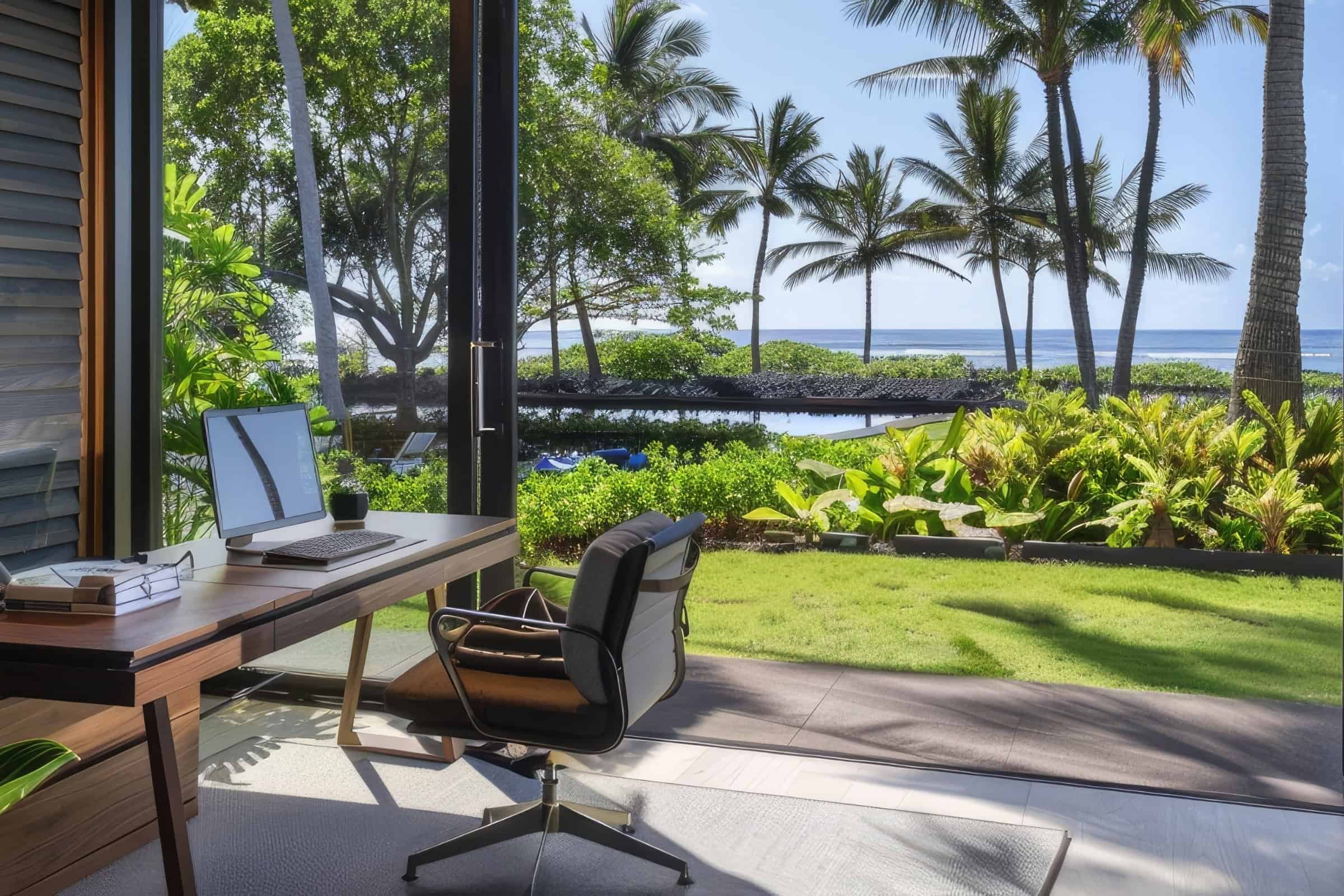 Laptop on a desk beside an open wall, looking out to lawn, palms and the ocean.