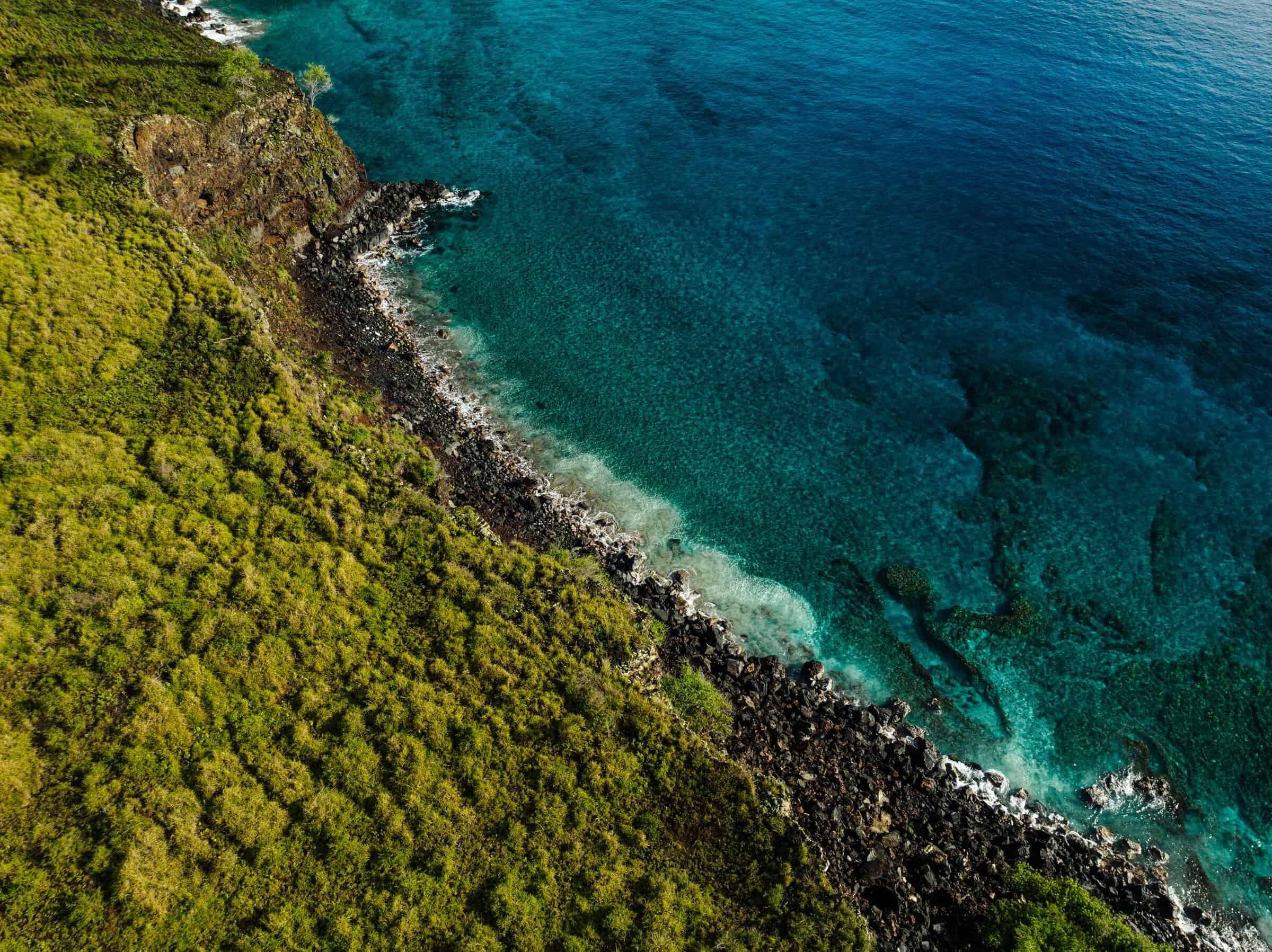 Oceanfront property on Big Island Hawaii with lush greenery and stunning blue waters.