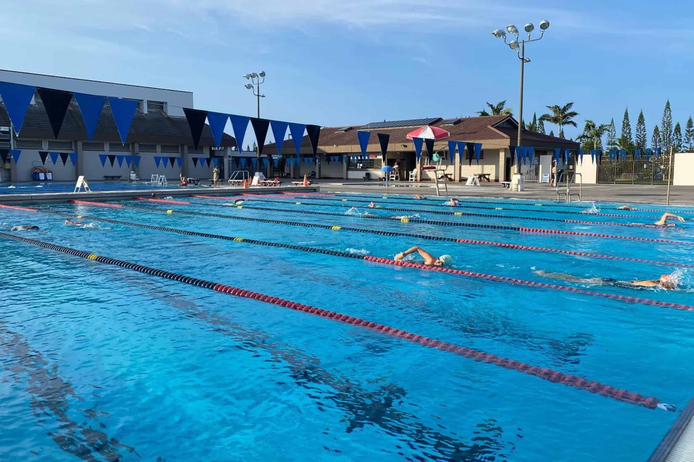 Outdoor lap lanes at the public pool in Kailua-Kona, the year round option for swimming on the Big Island.