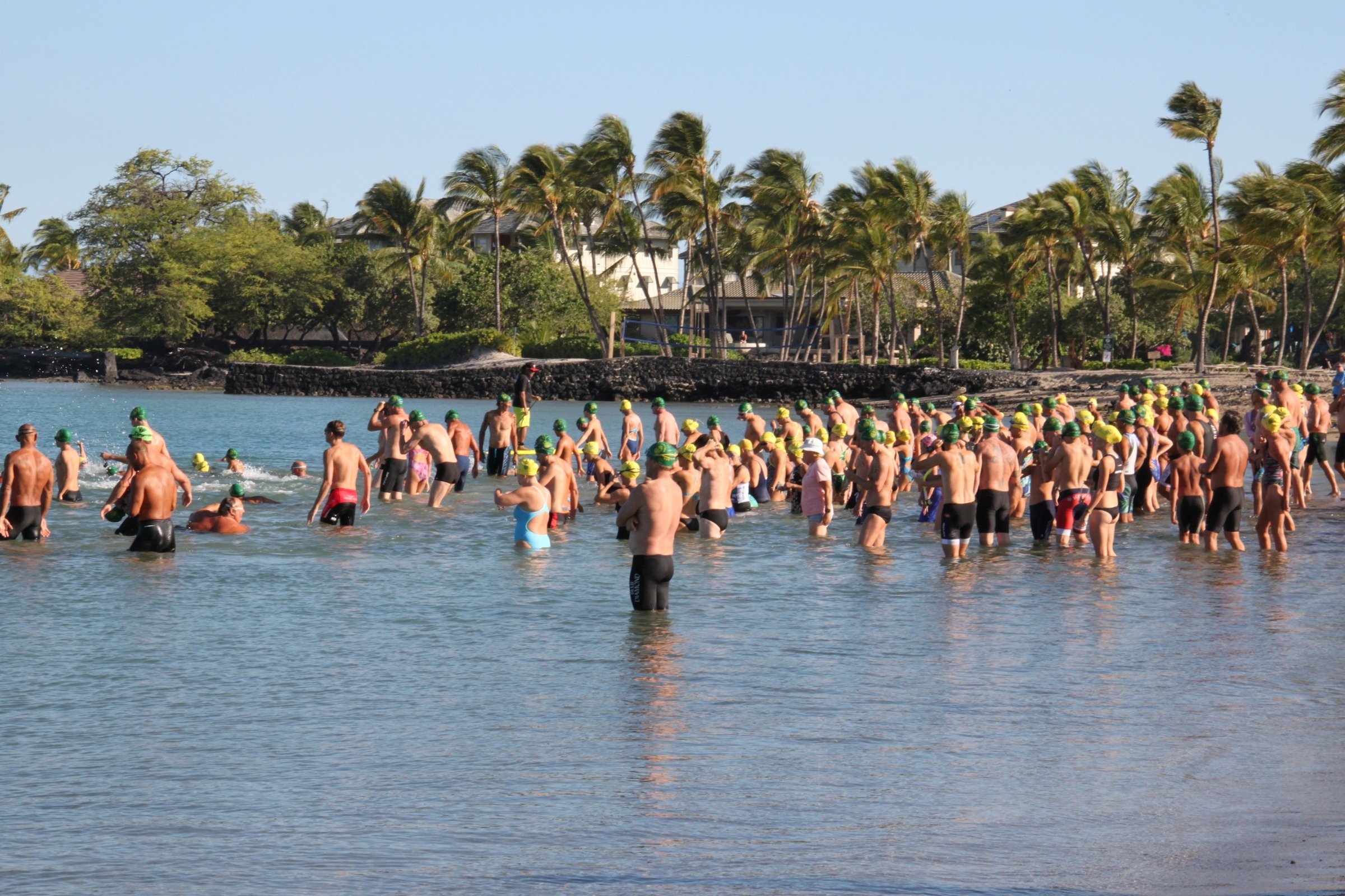 Line of swimmers standing in the shallows waiting for the start of an A-Bay race at Waikoloa.